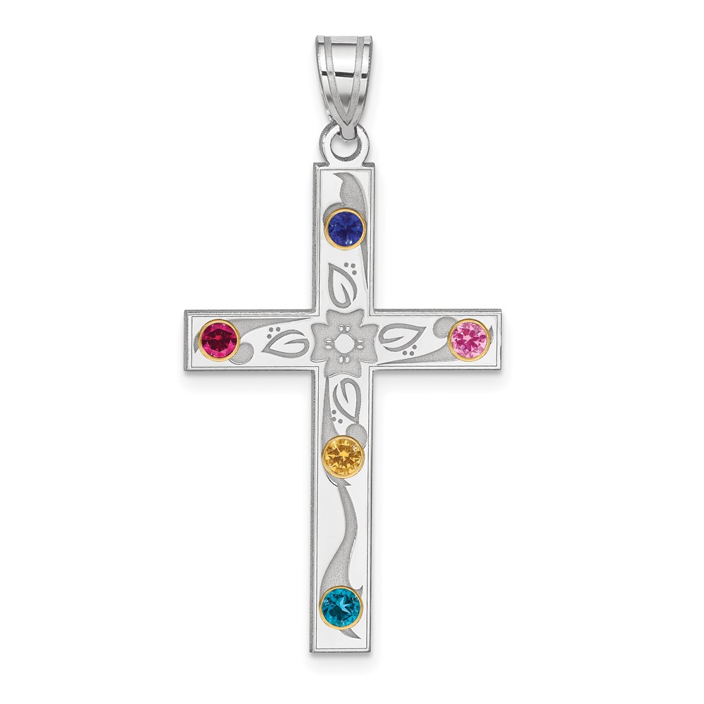Sterling Silver Rh-plt 14K Bezel Crystal Family Cross Pendant