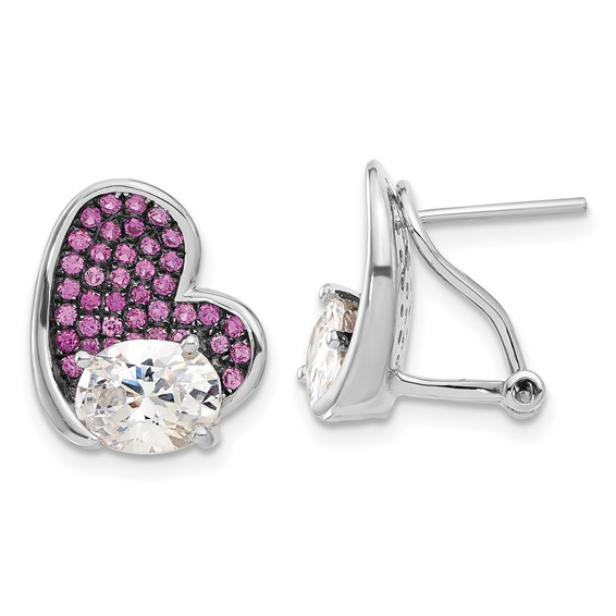 Sterling Silver w/ Black Rhodium Pink & Clear CZ Heart Omega Post Earrings