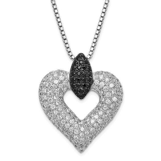 Sterling Silver Black & Clear CZ Brilliant Embers Heart w/ 2in ext Necklace