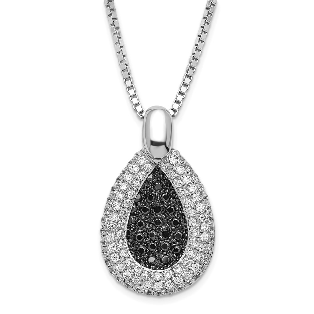 Sterling Silver Rhodium-plated Black & Clear CZ Teardrop Brilliant Embers Necklace with Ext, 2"