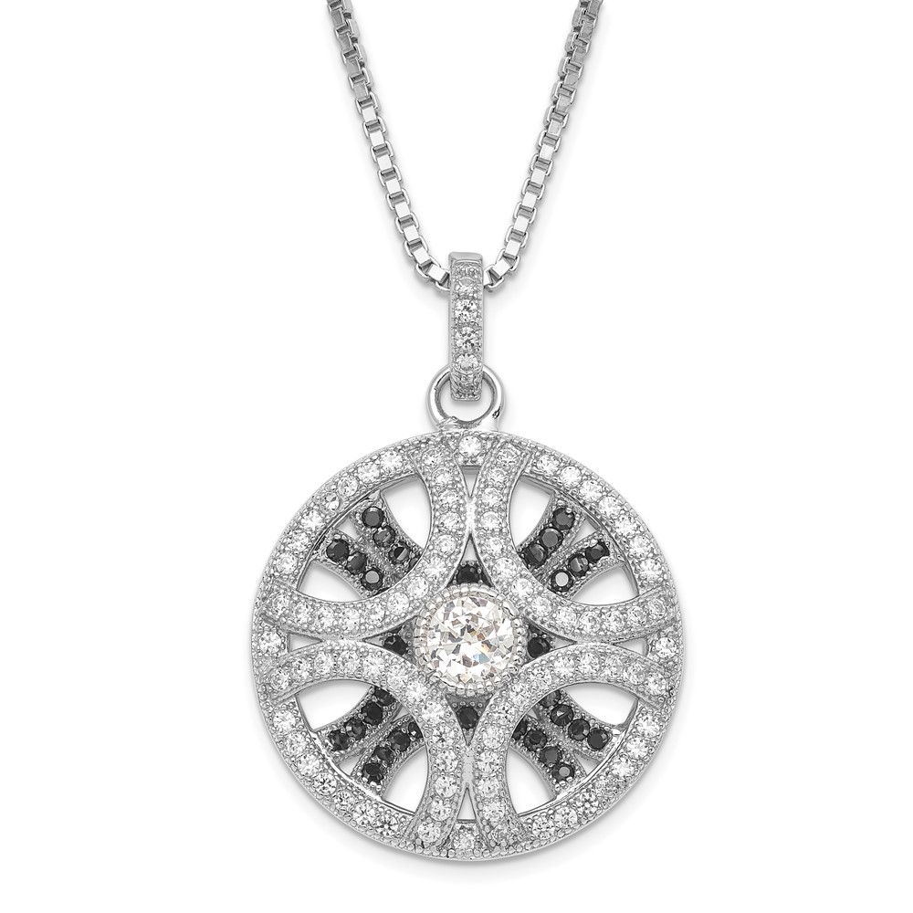 Sterling Silver Rhodium-Plated Black & Clear CZ Circle Brilliant Embers Necklace with Ext, 2"