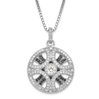 Sterling Silver Rhodium-Plated Black & Clear CZ Circle Brilliant Embers Necklace with Ext, 2" view 1