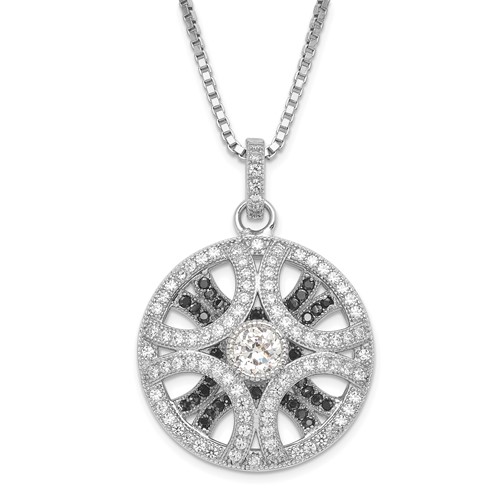 Sterling Silver Rhodium-Plated Black & Clear CZ Circle Brilliant Embers Necklace with Ext, 2"