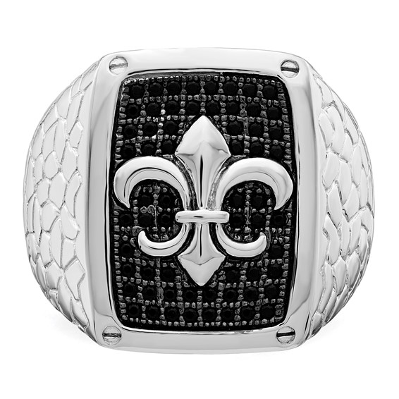 Brilliant Embers Sterling Silver Rhodium-plated 62 Stone Black Micro Pavé CZ Fleur De Lis Men's Ring