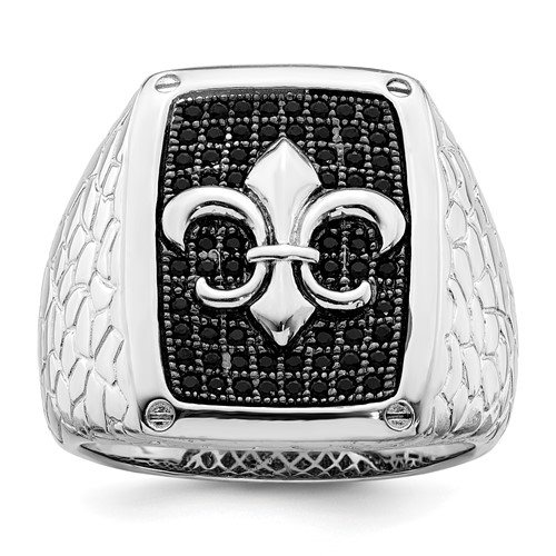 Brilliant Embers Sterling Silver Rhodium-plated 62 Stone Black Micro Pavé CZ Fleur De Lis Men's Ring