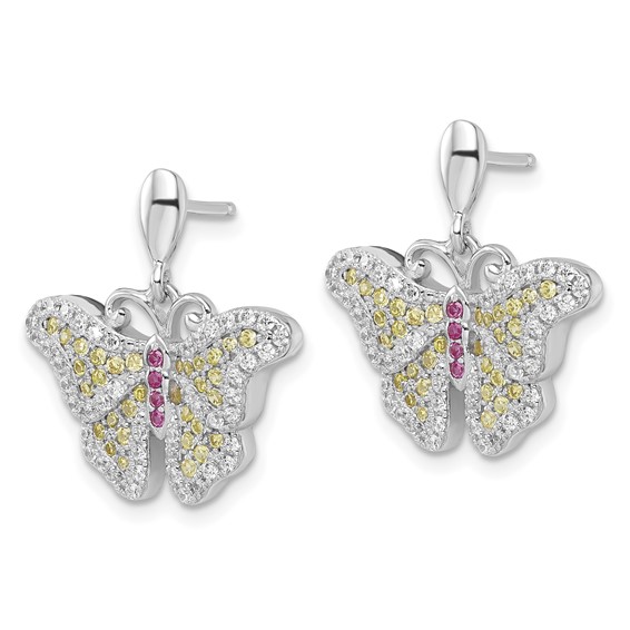 Sterling Silver Yellow, Pink & Clear CZ Brilliant Embers Butterfly Earrings