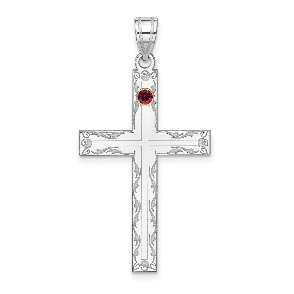Sterling Silver Rh-plt 14K Bezel Crystal Family Cross Pendant