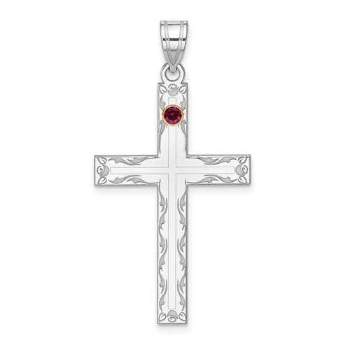 Sterling Silver Rh-plt 14K Bezel Crystal Family Cross Pendant
