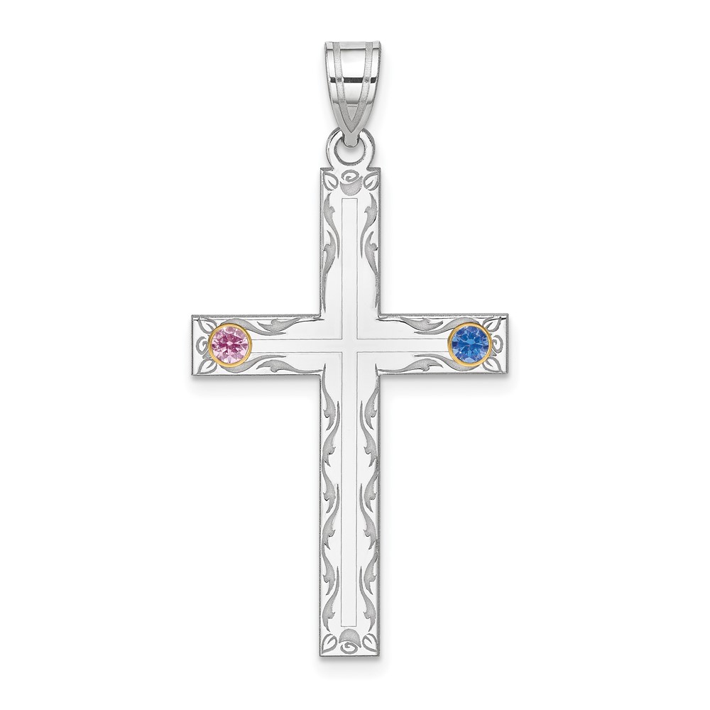 Sterling Silver Rh-plt 14K Bezel Crystal Family Cross Pendant
