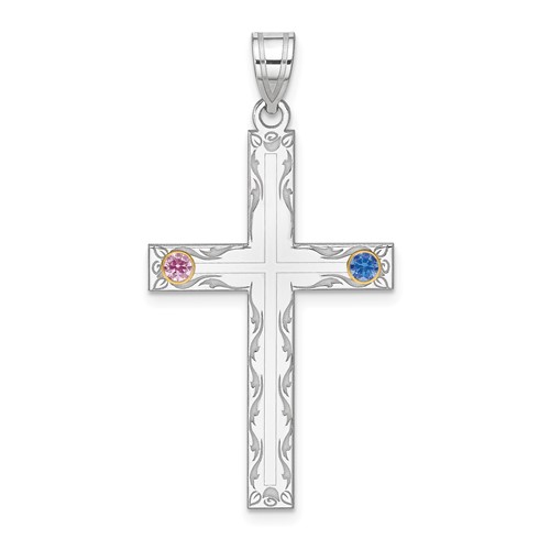 Sterling Silver Rh-plt 14K Bezel Crystal Family Cross Pendant