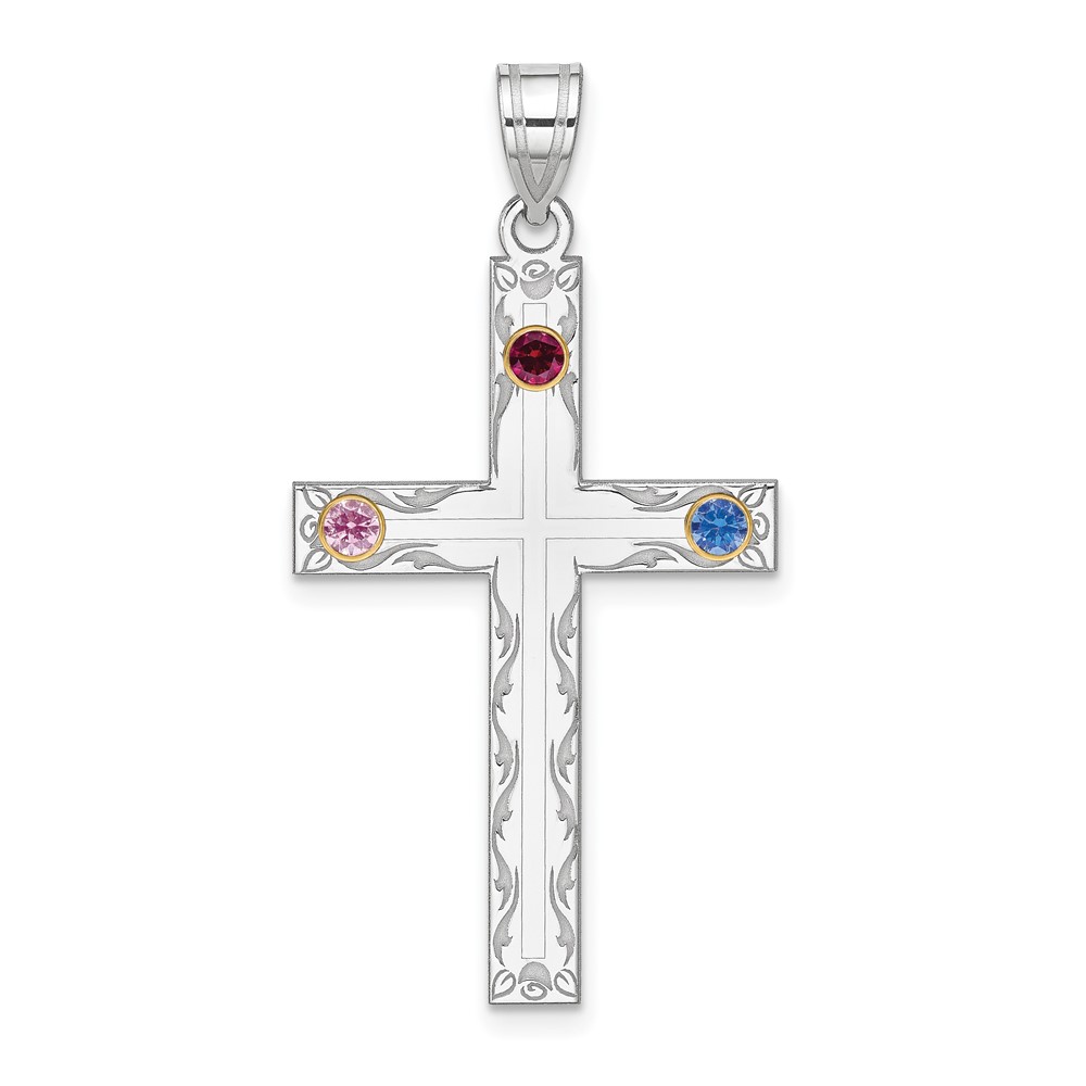 Sterling Silver Rh-plt 14K Bezel Crystal Family Cross Pendant