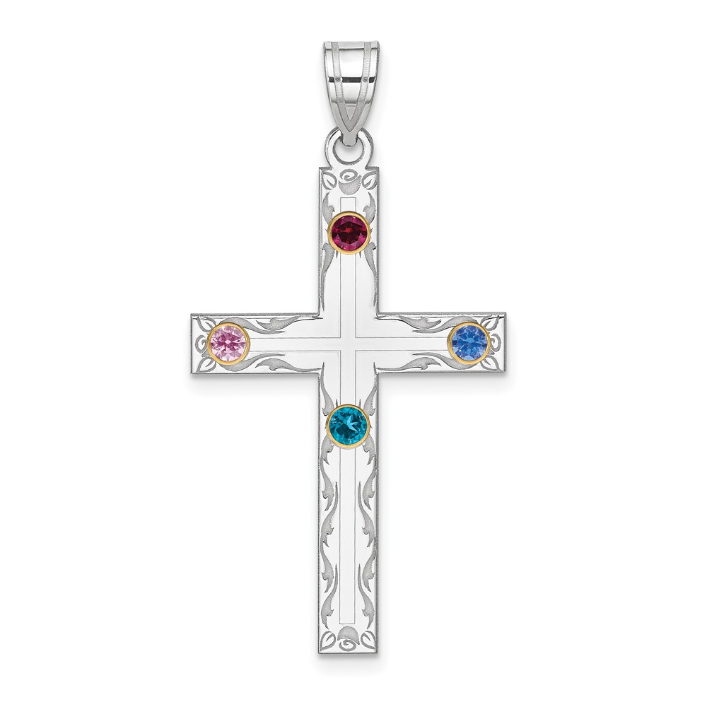 Sterling Silver Rh-plt 14K Bezel Crystal Family Cross Pendant
