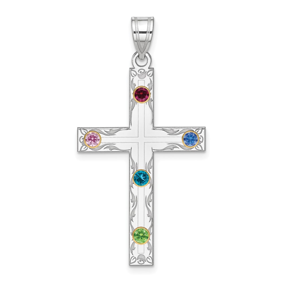 Sterling Silver Rh-plt 14K Bezel Crystal Family Cross Pendant