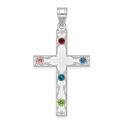 Sterling Silver Rh-plt 14K Bezel Crystal Family Cross Pendant