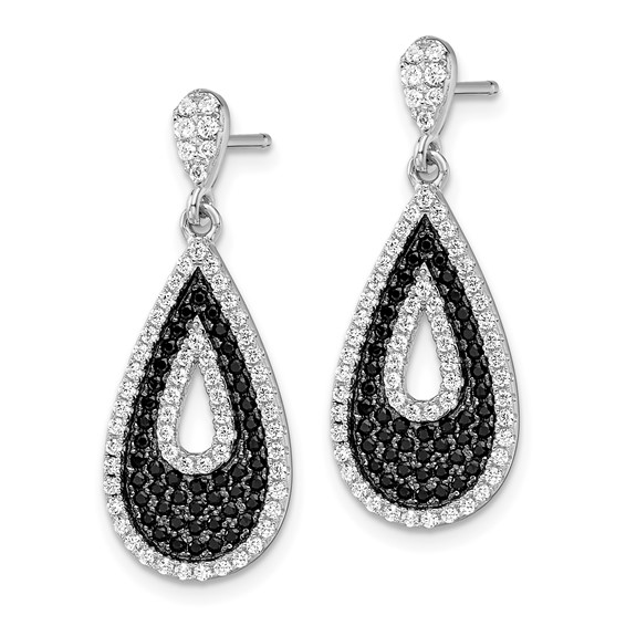 Brilliant Embers Sterling Silver Rhodium-plated 212 Micro Pavé Black and White CZ Teardrop Dangle Post Earrings