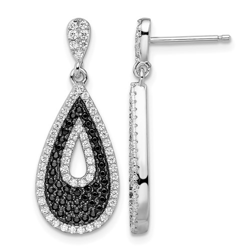 Brilliant Embers Sterling Silver Rhodium-plated 212 Micro Pavé Black and White CZ Teardrop Dangle Post Earrings