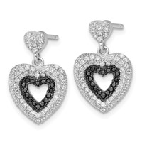 True Fire Sterling Silver Black & White CZ Heart Dangle Post Earrings view 2