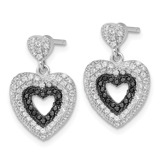 True Fire Sterling Silver Black & White CZ Heart Dangle Post Earrings