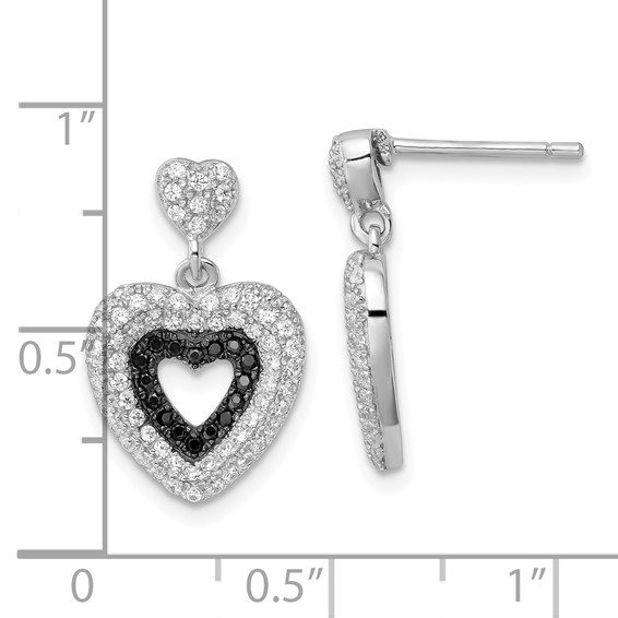 True Fire Sterling Silver Black & White CZ Heart Dangle Post Earrings