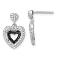 True Fire Sterling Silver Black & White CZ Heart Dangle Post Earrings view 1