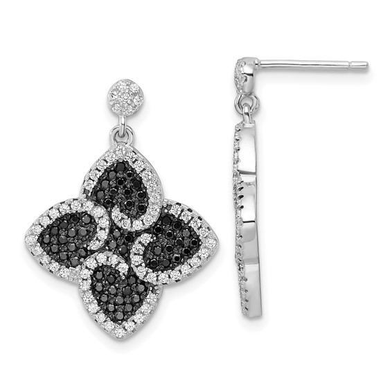 Sterling Silver Black & Clear CZ Brilliant Embers Hearts Dangle Earrings