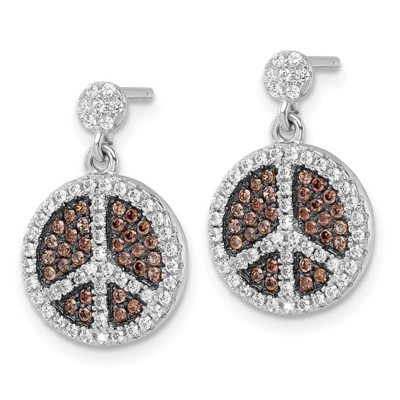 True Fire Sterling Silver Brown & White CZ  Peace Sign Dangle Earrings