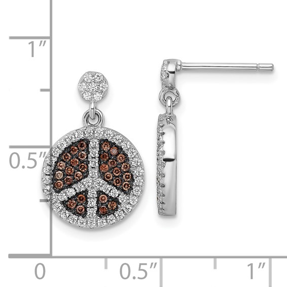 True Fire Sterling Silver Brown & White CZ  Peace Sign Dangle Earrings