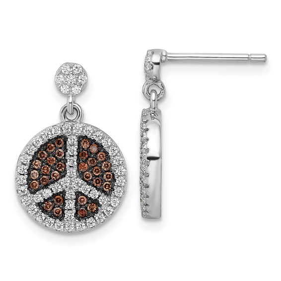 True Fire Sterling Silver Brown & White CZ  Peace Sign Dangle Earrings