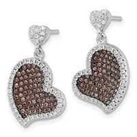 True Fire Sterling Silver Brown & White CZ Heart Dangle Post Earrings view 2