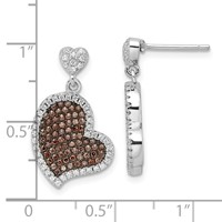 True Fire Sterling Silver Brown & White CZ Heart Dangle Post Earrings view 3
