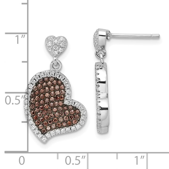 True Fire Sterling Silver Brown & White CZ Heart Dangle Post Earrings