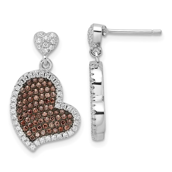 True Fire Sterling Silver Brown & White CZ Heart Dangle Post Earrings