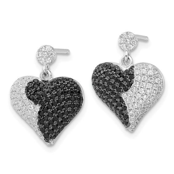True Fire Sterling Silver Black & White CZ  Heart Dangle Post Earrings