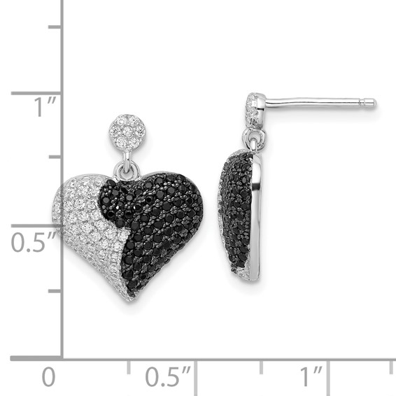 True Fire Sterling Silver Black & White CZ  Heart Dangle Post Earrings