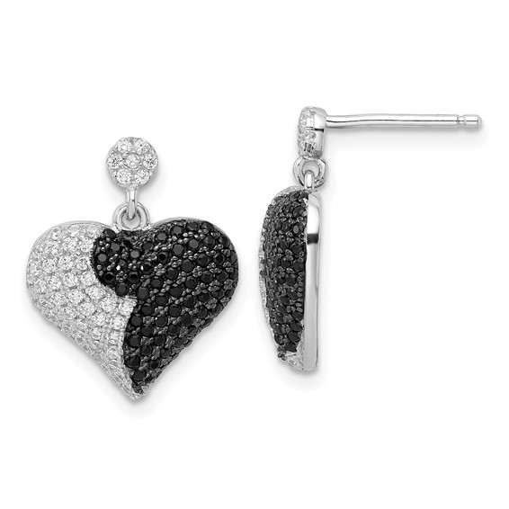 True Fire Sterling Silver Black & White CZ  Heart Dangle Post Earrings