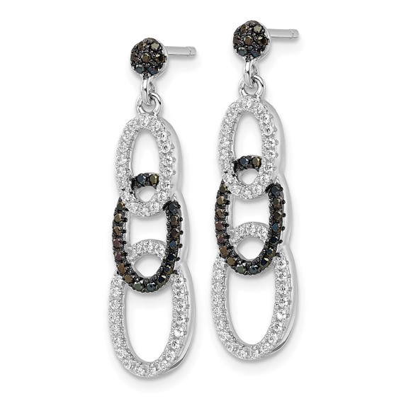 True Fire Sterling Silver Black & White  CZ Oval Dangle Post Earrings