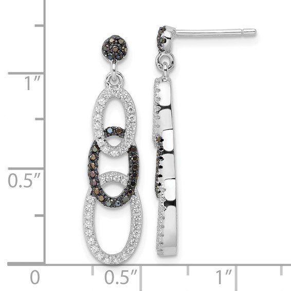 True Fire Sterling Silver Black & White  CZ Oval Dangle Post Earrings