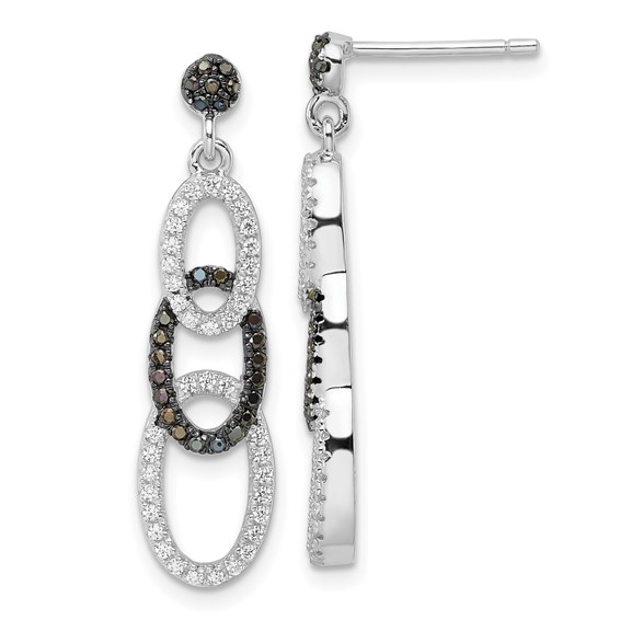 True Fire Sterling Silver Black & White  CZ Oval Dangle Post Earrings