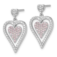 Sterling Silver Pink & Clear CZ Brilliant Embers Heart Dangle Post Earrings view 2