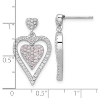 Sterling Silver Pink & Clear CZ Brilliant Embers Heart Dangle Post Earrings view 3