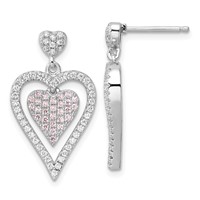 Sterling Silver Pink & Clear CZ Brilliant Embers Heart Dangle Post Earrings view 1