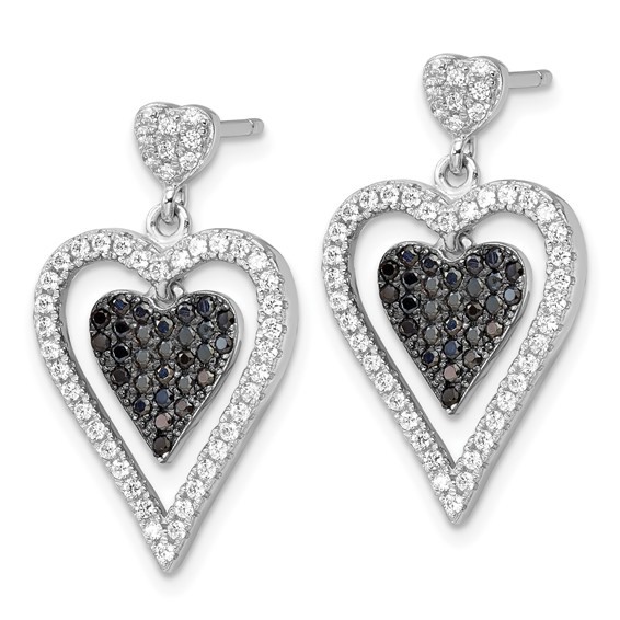 Sterling Silver Black & Clear CZ Brilliant Embers Heart Dangle Earrings