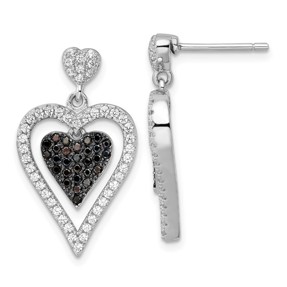 Sterling Silver Black & Clear CZ Brilliant Embers Heart Dangle Earrings
