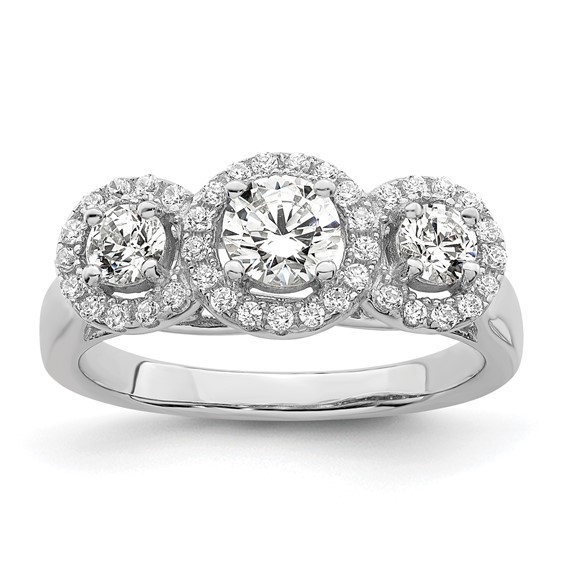 Brilliant Embers Sterling Silver Rhodium-plated 42 Stone Halo Micro Pavé CZ 3 Stone Ring