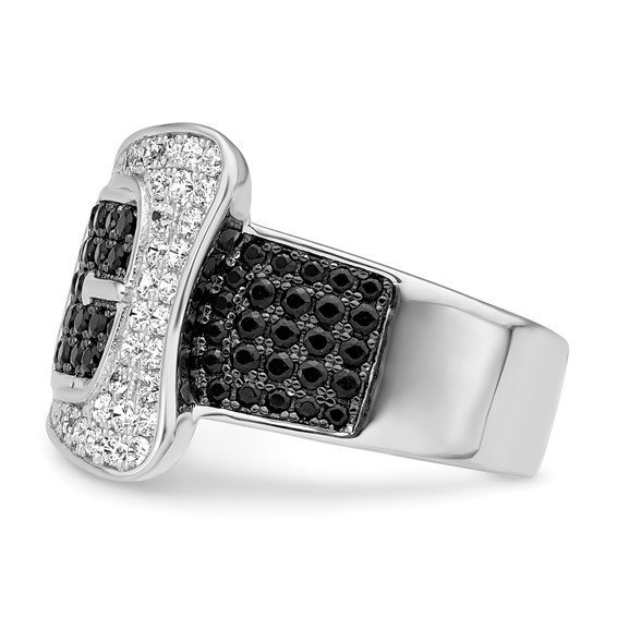 Brilliant Embers Sterling Silver Rhodium-plated 109 Stone Micro Pavé Black and White CZ Buckle Ring