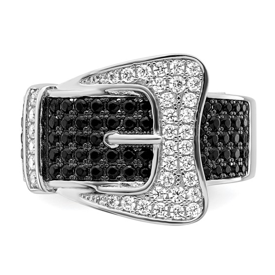 Brilliant Embers Sterling Silver Rhodium-plated 109 Stone Micro Pavé Black and White CZ Buckle Ring