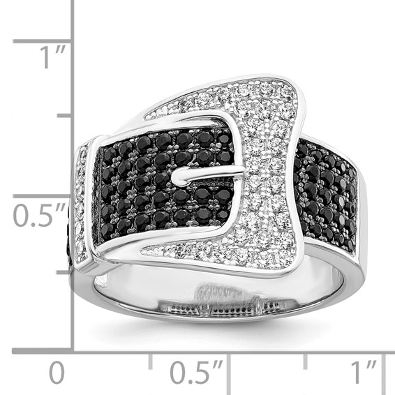Brilliant Embers Sterling Silver Rhodium-plated 109 Stone Micro Pavé Black and White CZ Buckle Ring