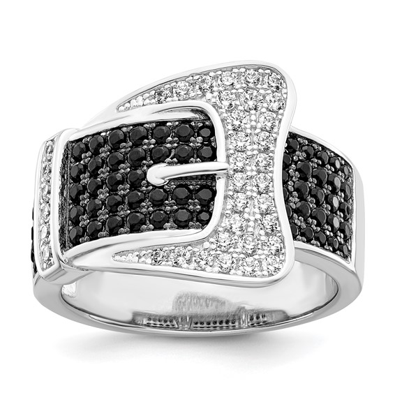 Brilliant Embers Sterling Silver Rhodium-plated 109 Stone Micro Pavé Black and White CZ Buckle Ring