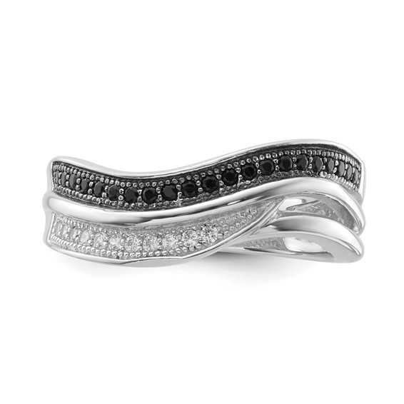 True Fire Sterling Silver Black & White CZ Curved Design Ring