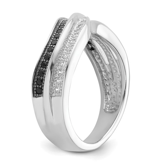 True Fire Sterling Silver Black & White CZ Curved Design Ring